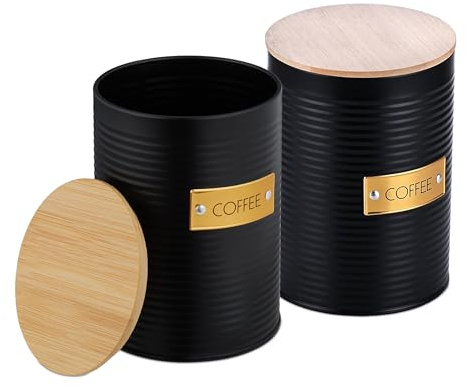 Relaxdays Barattolo caffè con Coperchio Ermetico in bambù, 2 Contenitori Metallo da Cucina HxD 16x11 cm, Nero Naturale