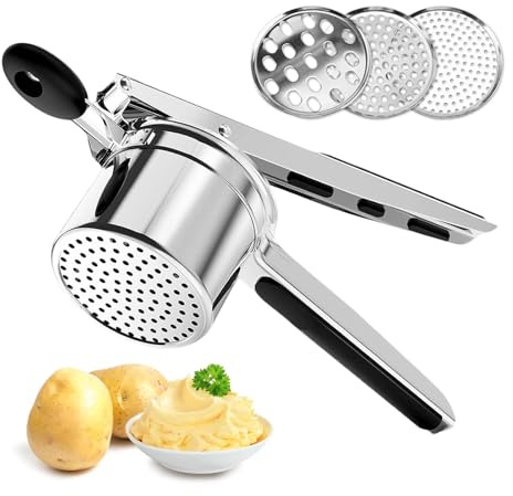 Potato Ricer, Heavy Duty Stainless Steel Masher with 3 Interchangeable Discs for Fluffy Mashed Potatoes, Food & Fruit Press, Dishwasher Safe(Sliver,Size:13inch)