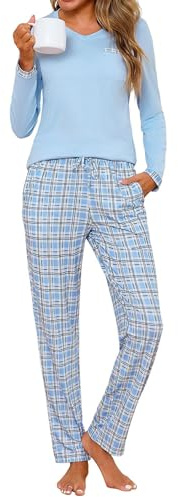Jahetuul Women's Pyjamas Set Long Sleeve Cotton Pjs for Ladies V-Neck Top & Plaid Bottoms with Pockets Soft Loungewear Sets Two Pieces