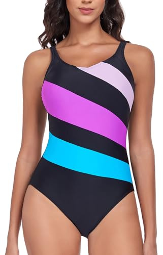 Deriwone Athletic One Piece Swimsuit Tummy Control Swimming Costume Color Block Adjustable Swimwear Padded Bathing Suits L,Black/Purple/Blue