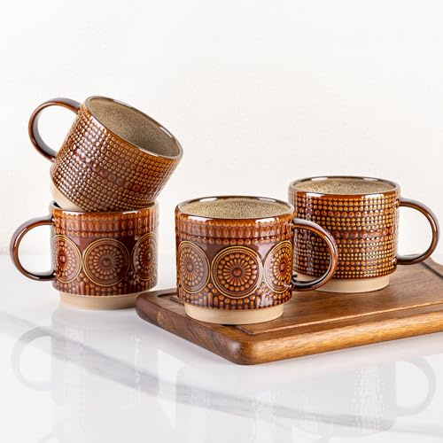 GBhome 350 ml stapelbara kaffekoppar i keramik med texturmönster för män, kvinnor, far, mor, moderna koppar, set om 4, för latta/cappuccino/kakao, diskmaskins- och mikrovågsugnssäkra