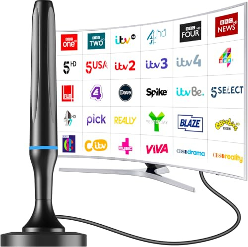 TV Aerial Indoor, Freeview Indoor TV Antenna with Strong Magnetic Base, Digital TV Aerial Indoor, 360° Reception & 50+ Miles Long Range for Stable Signal, Support VHF/UHF/DAB Radio for All TVs
