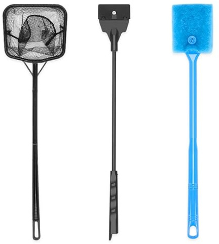 Lanswood Fish Tank Glass Cleaner, Fish Tank Cleaning Kit Set of 3 Pieces, Include Aquarium Glass Scraper Fish Net Aquarium Cleaning Brush Suitable for Saltwater And Freshwater Aquarium
