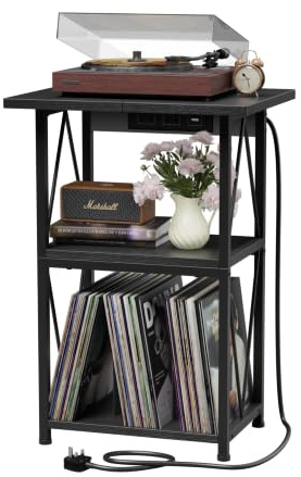 2026 Upgraded Extended Tabletop Record Player Stand with Charging Station, 3 Tier 50x40cm End Table with Vinyl Record Storage, Wood Grain Turntable Stand for Vinyl Player in Living Room Bedroom