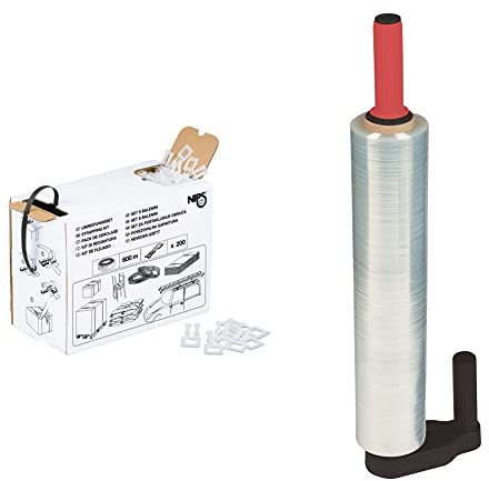 NIPS 140803001 UMREIFUNGSSET (600 m PP-Umreifungsband + 200 Kunststoffklammern) & 140774103 HANDABROLLER für Stretchfolie, geeignet für Rollen-Kerndurchmesser von 50 mm, schwarz/rot