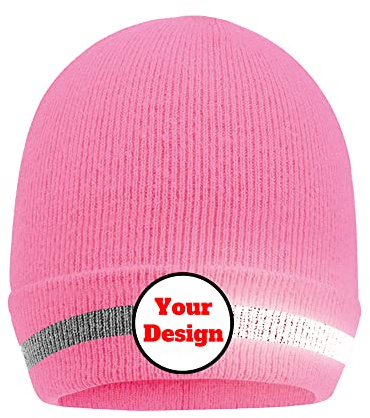 YOWESHOP Hi Vis Safety Beanie Hat Customize Your Logo Winter Knit Hat with Reflective Strips Unisex (Pink)
