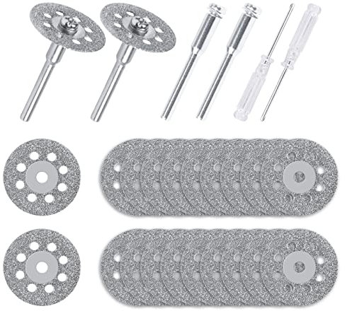 JAYZUUM 20 Stück 22 mm diamantscheibe, Diamant Trennscheibe glasschneider für Rotationswerkzeug, mit 4 Stück 3 mm Dorn und 2 Stück Kreuzschraubendreher