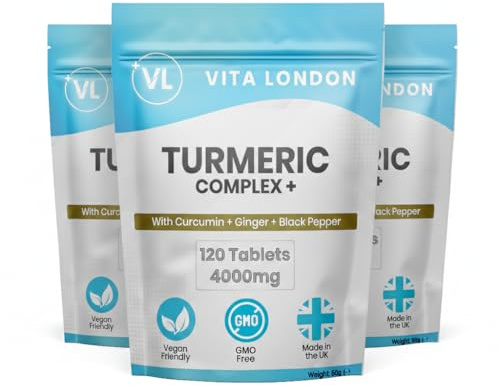 Turmeric Tablets 4000mg with Black Pepper & Ginger | High Strength 95% Curcumin Turmeric+ Supplement | 360 Tablet (Gummies, Not Capsule or Powder) | Vegan, Made in UK