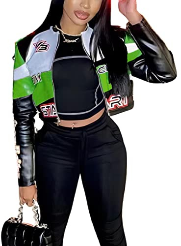 VOIKERDR Leather Jacket Women Zipper Moto Biker Short Leather Jacket Women Bomber Jacket Women Faux Leather Jacket