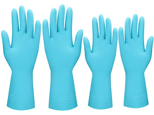 VacFreKep 2 pares de guantes domésticos reutilizables, guantes lavavajillas de goma, ultragruesos, mangas largas, limpieza de cocina, trabajo, pintura, jardinería, cuidado de mascotas (m y l, Azul)