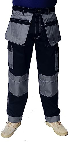IBEX Holster Multi Pockets Tactical Combat Cargo Work Trouser Pant with Knee Pad Pockets, Black/Grey, 50 Waist - Long