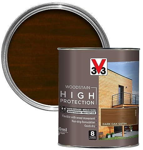 V33 High Protection Woodstain - 8-Year Guarantee - UV Filters - Water-Repellent - Quick-Drying - Only 2 Coats - Dark Oak 750ml