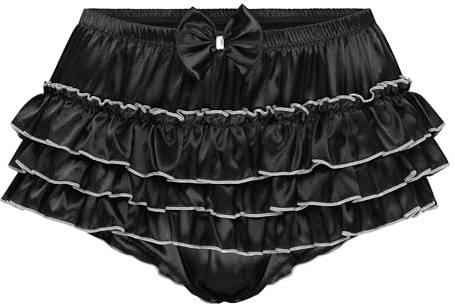 Satini Frilly Sissy Ruffled French Knickers Briefs Lingerie Silky Satin Underwear Panties (Black, XXL)