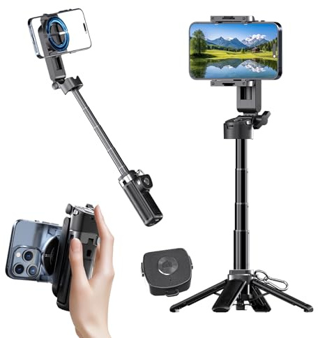 Magnetic Phone Tripod Stand, Portable Mini Selfie Stick for iPhone 16/15/14/13/12 & MagSafe, Aluminum Angle-Adjustable Foldable Strong Magnet Phone Holder, Travel Essentials, Included Metal Ring