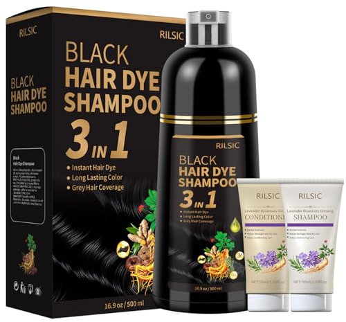 RILSIC Black Hair Dye Shampoo 3 in 1 for Grey Hair Coverage,500ML Herbal Instant Hair Color & 50ML Shampoo & 50ML Conditioner,Long Lasting-Natural,Hair Colour Coloring in Minutes for Women Men (Black)