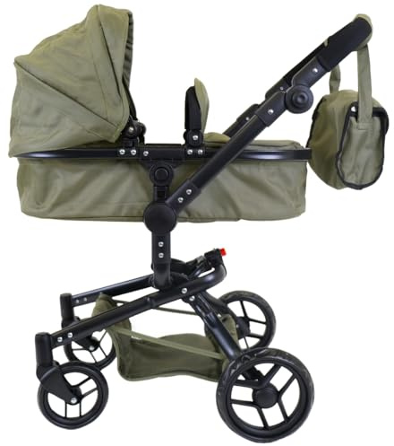 Bandits & Angels Puppenwagen Grün Modern Angel 2in1 Retro Grün ab 3 Jahren – Puppenbuggy – Für Mädchen – Verstellbarer Schieber 48-81 cm – Komplett zusammenklappbar – Mit Einkaufskorb