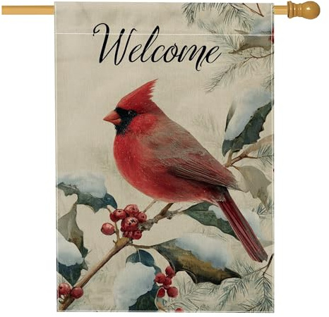 Bandera de casa de cardenal, bayas de acebo rústicas de invierno de arpillera roja de doble cara para exterior, bandera de jardín grande para césped al aire libre, patio, entrada, 28 x 40 pulgadas