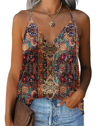 Zeagoo Haut en satin pour femme - Caraco avec bretelles spaghetti - Top basique - Bretelles spaghetti réglables - Débardeur à col en V - Débardeur en satin - Top tank, Boho, XL