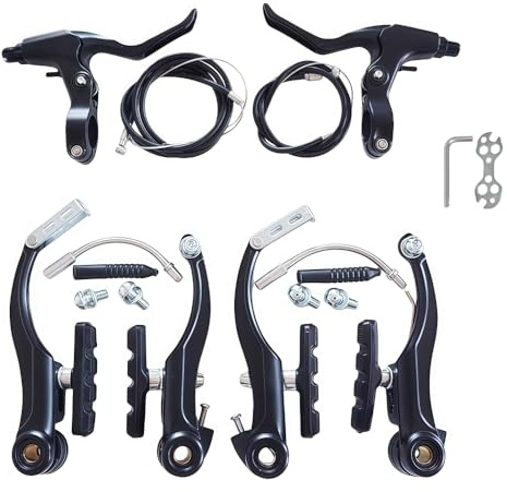 GUOFANG Kit freno a V per bicicletta, sistema di frenatura universale per ruota anteriore e posteriore, composto da leve dei freni, pinze freni, freni e pastiglie dei freni. (set completo nero)