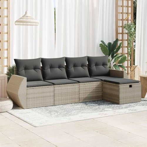 Owoxanthellate Salon de jardin 5 pièces - Gris clair - 55 x 53 x 34 cm - En rotin synthétique - Banc d'angle avec espace de rangement et coussins résistants aux intempéries - Groupe de sièges
