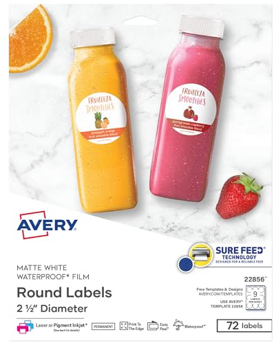 Avery Durable Waterproof Round Labels, Sure Feed Technology, 2.5 Diameter, White, Laser & Pigment-Inkjet Compatible, 72 Blank Labels Total, Great for Branding, Packaging, and More (22856)