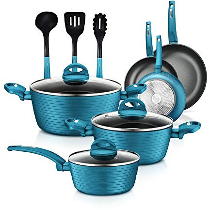 Nutrichef 12-Piece Nonstick Kitchen Cookware Set - PTFE/PFOA/PFOS-Free Heat Resistant Lacquer Kitchen Ware Pots Pan Set Light Gray/Green - Saucepot, Pans, Cooking Pot Oven Pot, Lid, Utensil NCCW12GR
