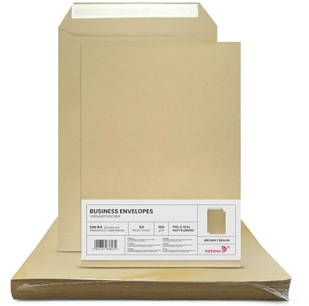 Netuno 50 sobres marrón B4 250x353 mm sin ventana | 100g · papel resistente y duradero · apertura fácil y rápida · perfecto para oficina y hogar