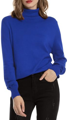 Woolen Bloom - Maglione da donna a collo alto, a maniche lunghe, in morbido tessuto a costine, con scollo a camicia. Maglione elegante in maglia fine, per autunno e inverno, blu reale, M