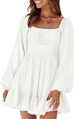 Dokotoo Square Neck Summer Dress for Women 2026 Tie Back Elastic Waist Lantern Long Sleeve Dresses Ruffle A-Line White Dresses Casual Sexy Mini Dress Beach Vacation Clothes Small White