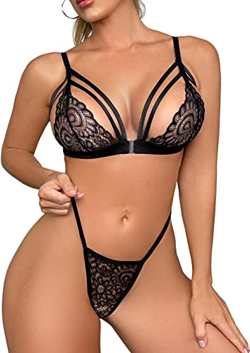 Niwicee Ensemble Sexy Lingerie Feminin Soutiens-Gorge Dentelle Sexy G-String Brassière Nuit Nuisette 2 Pièces Ouverture Frontale Ajustable Bra Push Up sous-vêtements Culotte Ensemble-A-Noir-M