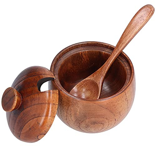 2 uds azucareros de madera, azucarero tarro de almacenamiento de sal de madera contenedor de condimentos azucarero de madera con tapa y cuchara para cocina casera