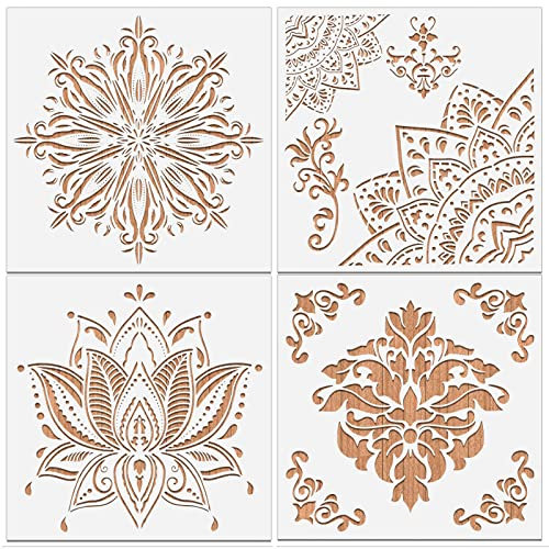 MWOOT 4 Stück Groß Mandala Painting Stencil Malerei Schablone,Wiederverwendbare DIY Malerei Vorlage Stencil Kit,Mandala Blume Schablonen Wandgestaltung Zubehör für Leinwand Möbel Handwerk(30x30CM)