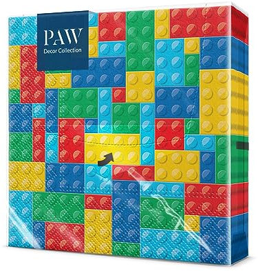 PAW - Tovaglioli di Carta Colorati (33 x 33 cm) I 20 Pezzi I Tovaglioli Compleanno per Bambini I Tovaglioli Carta - Blocchi I 3 Veli I Decorati per Compleanni e Feste - Colorful Bricks