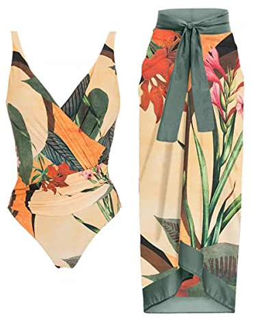 ORANDESIGNE Costumi Interi da Bagno Donna Scollo a V Costumi da Bagno con Coppe Imbottiti Push Up Costume Contenitivo Pancia Curvy Beachwear Monokini Bikini Set Stampati Swimwear F Albicocca L