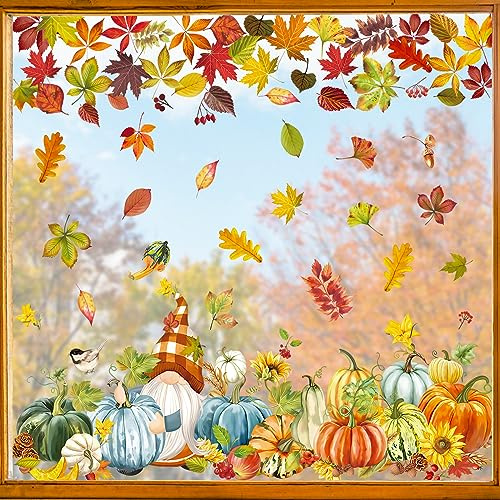decalmile Autumn Leaf Thanksgiving Pumpkin Double Sided Window Clings Gnome Fall Leaves Window Decals Anti-Collision Glass Window Doors Window Stickers