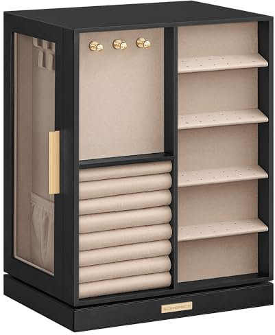 SONGMICS Schmuckkästchen 360° drehbar, Schmuckkasten 5 Schubladen, seitliche Glasfenster, geräumig, vertikale Schmuckaufbewahrung, offenes Design, Geschenkidee, graphitschwarz JBC170B01
