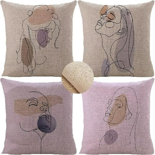 Exterior Impermeable Fundas Cojín para Sofá 70x70cm,Figuras lineales Funda de Almohada Decorativas Lila Otoño Lino impermeable Cojines Sofá,Coche,Oficina,Jardín, Sala de Estar Fundas Cojines SP-1511