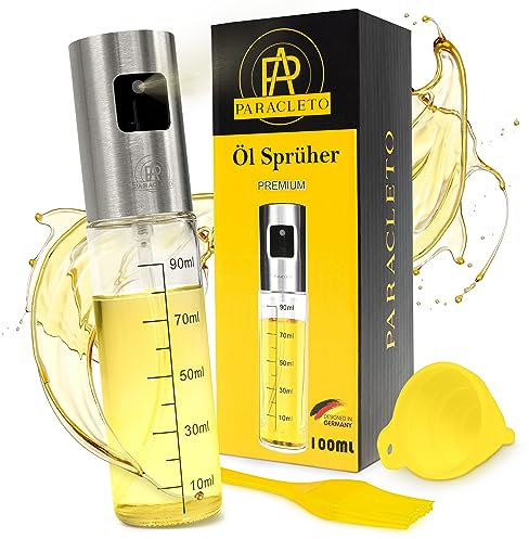 Paracleto Ölsprüher - Sehr präzise Öl Sprühflasche aus hochwertigem Edelstahl und bruchsicherem Glas - Zerstäubt alle Ölarten - Inkl. Trichter & Pinsel