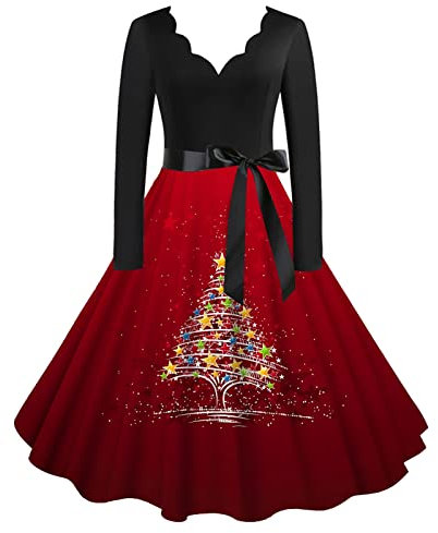 Robe Noël Femme Robe Noel Femme Grande Taille Chic et Elegante Robe De Noël Rose Robe de Cocktail Casual Party Soirée Vintage Année 50s Pin-Up Rockabilly Swing Robe à Pois Père Noël Costume