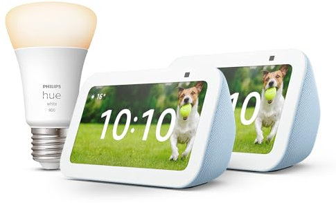 Echo Show 5 (3.ª generación) | Gris azulado, pack de 2 + Philips Hue White Bombilla Inteligente (E27), compatible con Alexa - Kit de inicio de Hogar digital