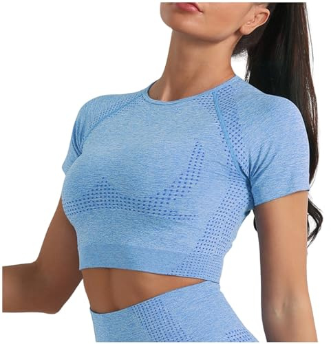 Top sportivo da donna, yoga, crop, estivo, a maniche corte, leggero, cropped, per palestra, allenamento, corsa, fitness, traspirante, ad asciugatura rapida, comoda