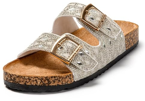 JOMIX Ciabatte Donna Estive Eleganti Sandali bassi Estivi con Strass Comodi Due Fibbie Pantofole Morbide da Mare Spiaggia SD9157 Bianco 40