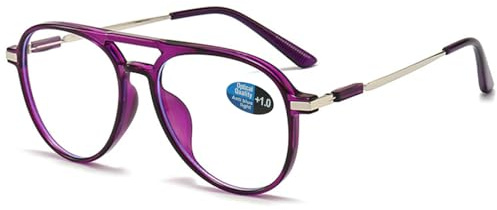 ABETOS Pilot Occhiali da lettura uomo donna filtro luce blu retrò moda occhiali da pilota occhiali da pilota con aiuto lettura aiuto vista montatura completa occhiali computer con gradazione, Viola