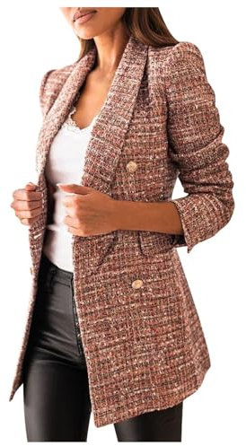 Blazer Dam elegant ullblazer, vinter, rutig jacka, revers ulljacka, långärmad vinterjacka, sportig ulljacka, kort midja vinterkappa, kappa, damjackor, elegant trenchcoat övergångsjacka, BRUN, XL