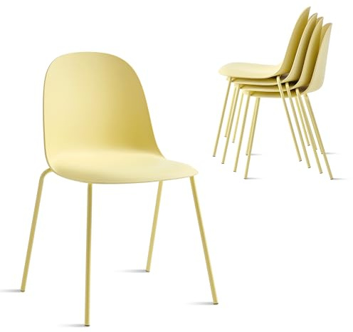 Xdeco Minimalist Industrial Stackable Plastic Dining Chair with Metal Leg, Quick Assembly, Suitable for Indoor and Outdoor cafes and Restaurants, Set of 4 (Light Yellow)