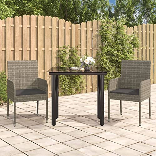 KTHLBRH 3-TLG. Garten-Essgruppe mit Kissen Schwarz und Grau Poly Rattan Terrassenmöbel-Sets Outdoor-Möbel-Sets Gartenmöbel-Sets Balkonmöbel-Sets für Terrasse, Garten, Balkon