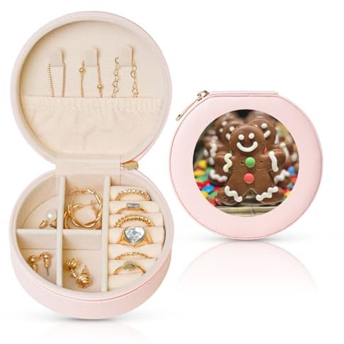 JIPOFD Portagioie rotondo con omino di pan di zenzero, portagioie da viaggio, per collane, orecchini, anelli e accessori da donna