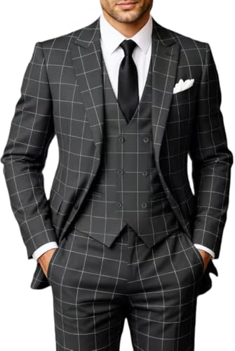 Solovedress kostymer för män, 3 delar, klassisk rutig herrkostym, kavaj, byxor, väst för bröllop och företag, GRÅ, S