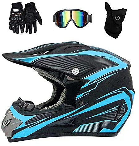 Volles Gesicht MTB Motocross Helm, mit Brille Handschuhe Maske, Jugend Kind Offroad Motorrad ATV Helme, Bergab Enduro-Rennen Quad Dirtbike Helm(Blue,M/54-55CM)