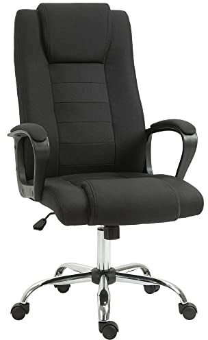 Vinsetto Sedia da Ufficio Ergonomica con Sedile Largo, Poltrona Scrivania Girevole in Tessuto Effetto Lino con Poggiatesta, Funzione Dondolo, Braccioli Imbottiti, Altezza Regolabile, Nero
